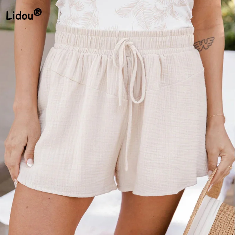 

5XL Summer New Solid Shorts Frenulum Loose Double Wrinkle Casual Shirring Five Points Apricot Wide Leg Pants Women Oversized
