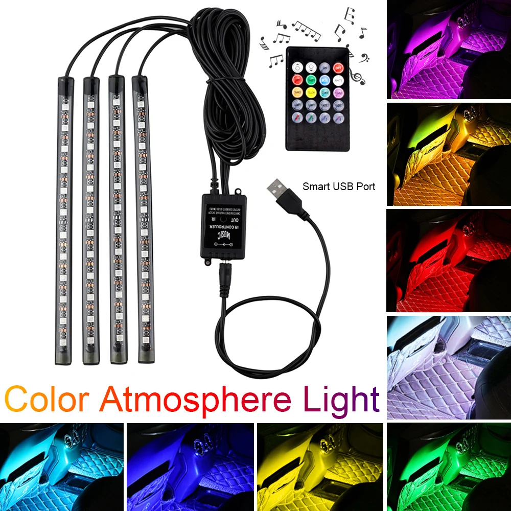 

4pcs 48 LED Music Control LED Strip Light DC 5V Multicolor Car Interior Light Lamp Under Dash Lighting Kit with Wireless Remote