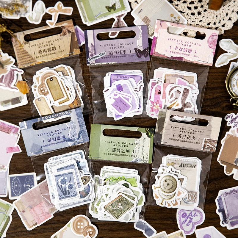 

45 pcs Scrapbooking Sticker collage items retro small and simple DIY hand account materials decorative stickers 6 styles
