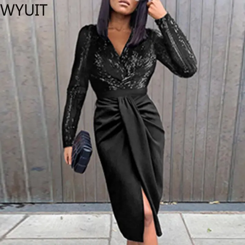 

Платье женское вечернее с блестками и длинным рукавом, пикантное модное приталенное офисное миди-платье с V-образным вырезом для отдыха и ве...