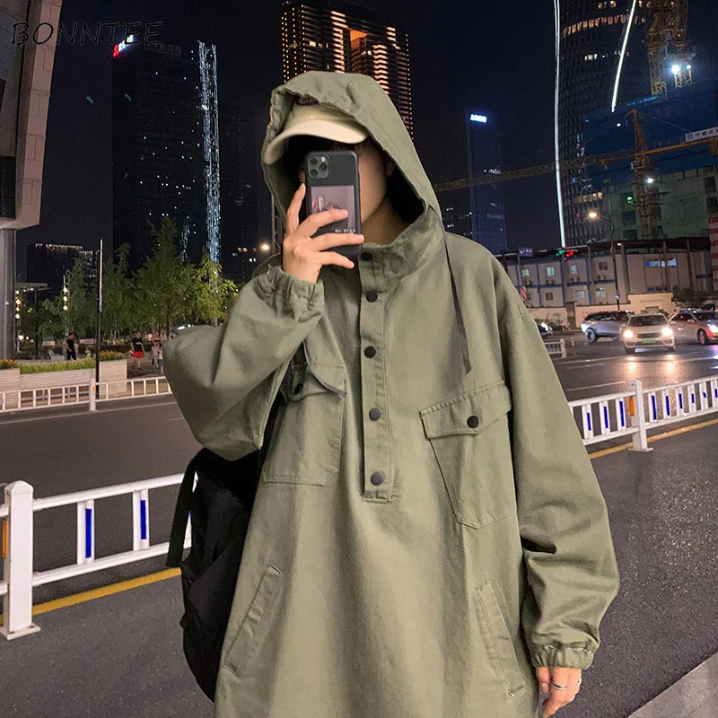 Hooded Jackets Men Cargo High Street Multi-pockets Safari Style Couples Simple Vintage Coats Loose Spring Fall Fashion Outerwear