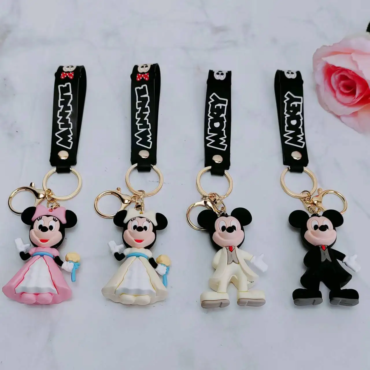

4 PCS Disney Keychain Cartoon Cute Mickey Minnie Couple Dress Up Figure Keyrings Fashion Ornament Bag Pendant Gifts for Friends