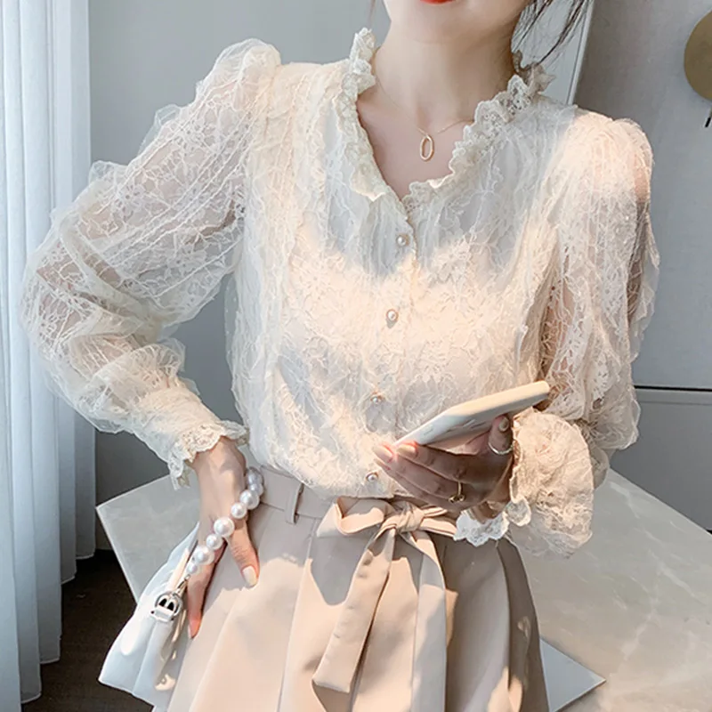 

Korean Elegant Puff Sleeve V-Neck Floral Embroidery Mesh Lace Blouse Women Tops 2022 Lace Shirt 2022 Vintage Blouses