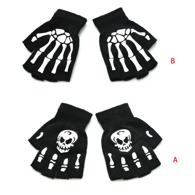 

652F 1 Halloween Stretch Knitted Half Finger Gloves Winter Warm Luminous Glow in The Dark Skull Skeleton Cycling Mittens