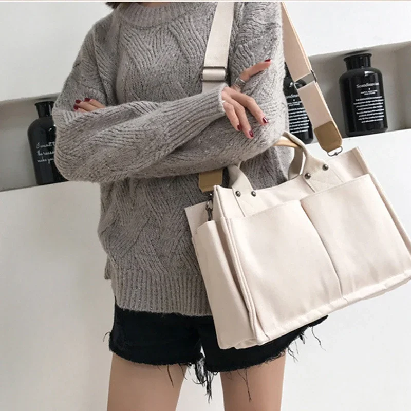 

White Canvas Tote Bags for Women Multi-pocket Handbag Messenger Bag Large Capacity Women's Crossbody Bag Shoulder Bag