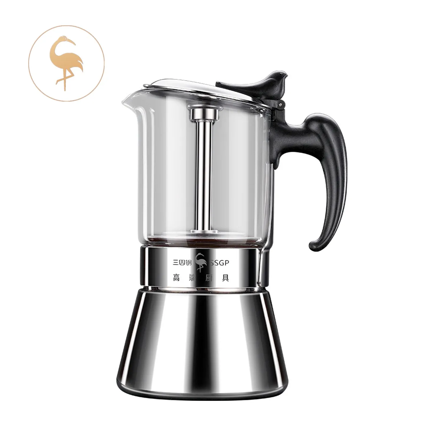 

LFGB Certificate 304 Stainless Steel High Borosilicate Glass 240ml Moka Express High Pressure Coffee Kettle Pot for Family Cafe