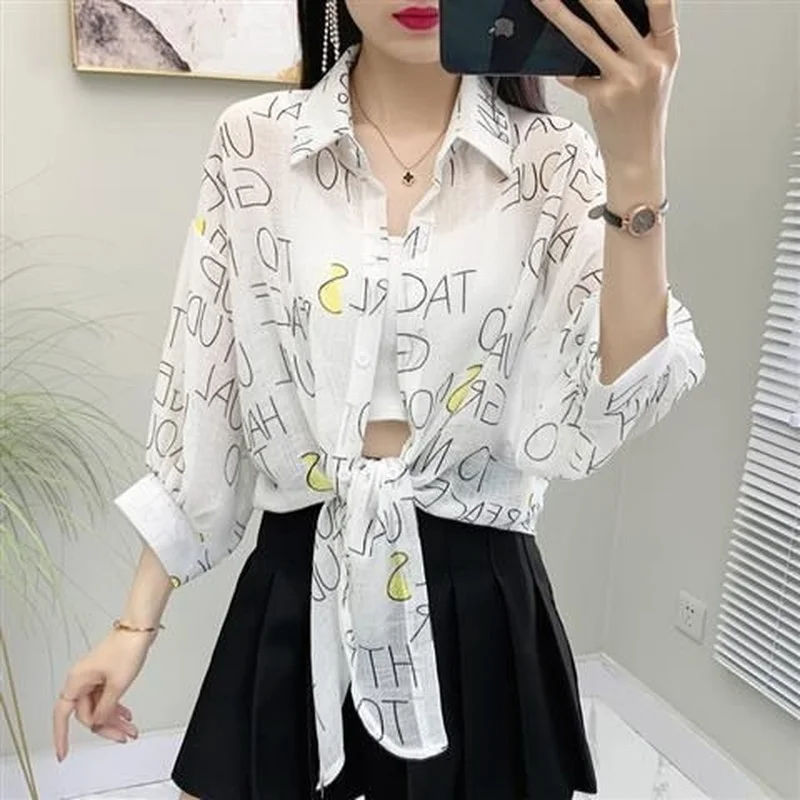 

2022 Summer 3/4 Sleeve Buttoned Up Shirt Women's Coat Female Sun Protection All-match Thin Short Sleeve Chiffon Cardigan E09