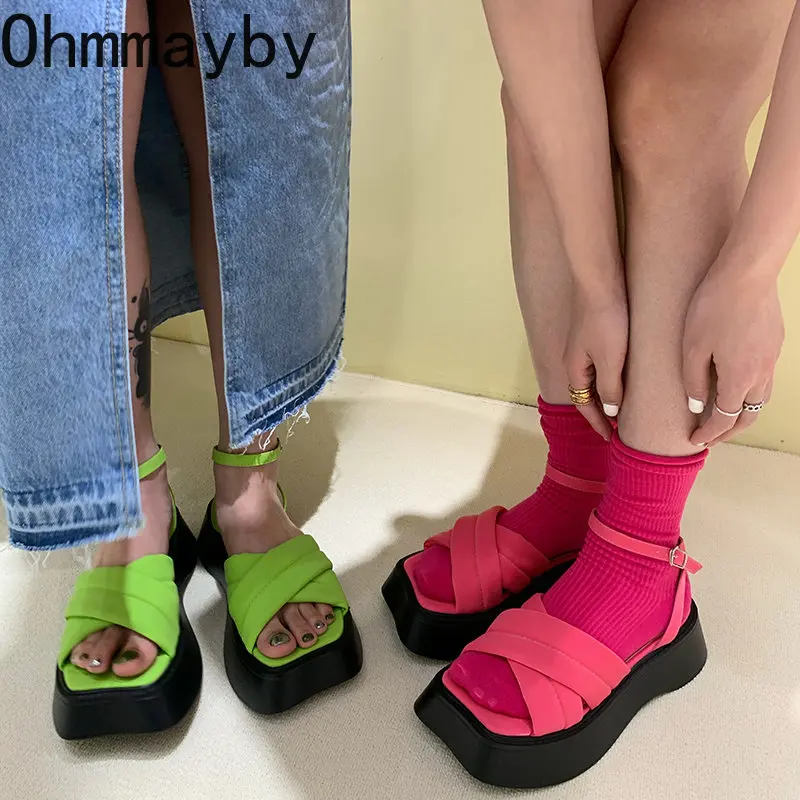 

2023 Summer Chunky Women Sandals Fashion Open Toe Platform Flats Heel Lalides High Quality Beach Vacation Sandalias