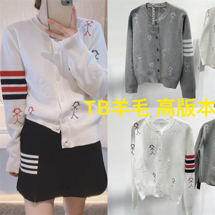 

Spot Autumn TB Color Bar College Embroidery Stickman Jacquard Wool Knitted Cardigan Round Neck Single-breasted Jacket