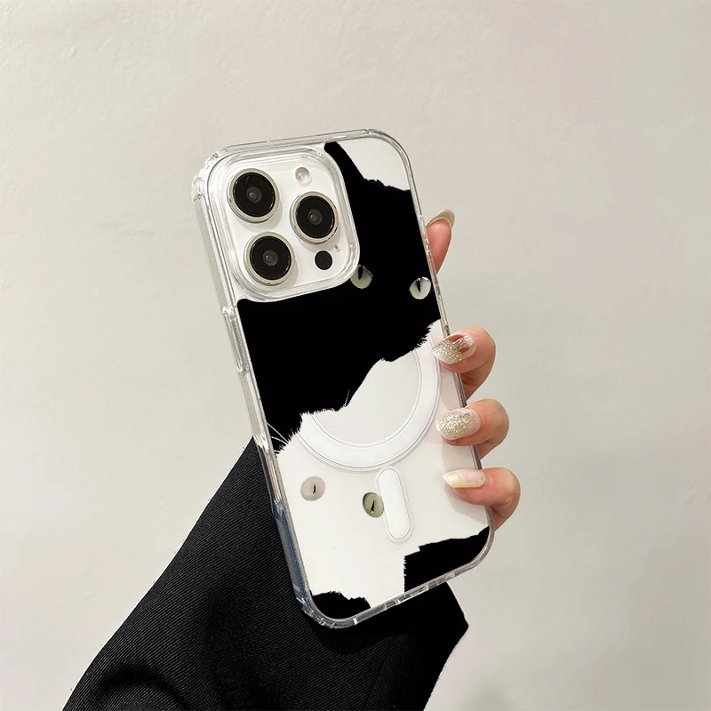 Фото Чехол с беспроводной зарядкой Black White Cat для iPhone 17 Air 16 E 15 14 Plus 13 12 Mini 11 Pro Max, прозрачный силиконовый чехол с краями №1
