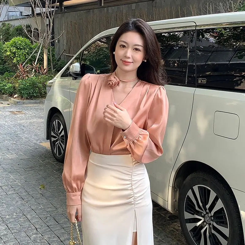 Блузка женская с V-образным вырезом модная однотонная тонкая Освежающая рубашка