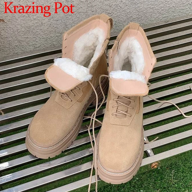 

Krazing Pot Wool Cow Suede Round Toe Thick High Heels Snow Boots Keep Warm Fur Cozy Sewing Thread Fashion Cross-tied Ankle Boots
