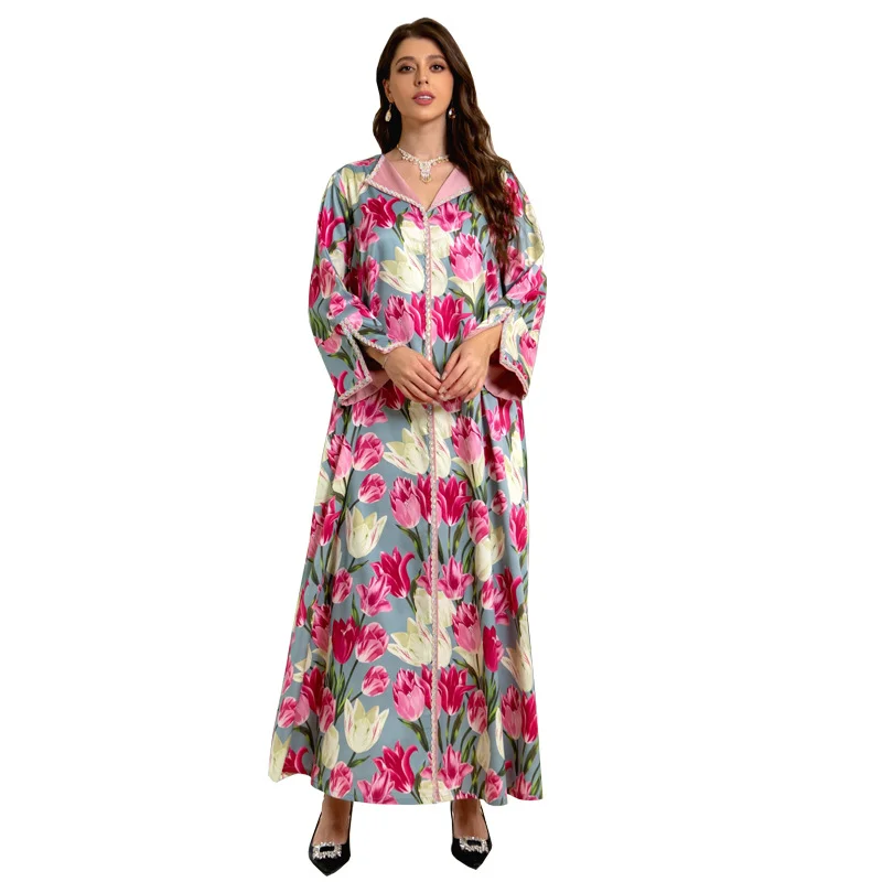 Sweet Tulip Print Long Dress for Women Chic Twists Rhinestone Lapel Long Sleeve Muslim Abaya Moroccan Jalabiya Eid 2023