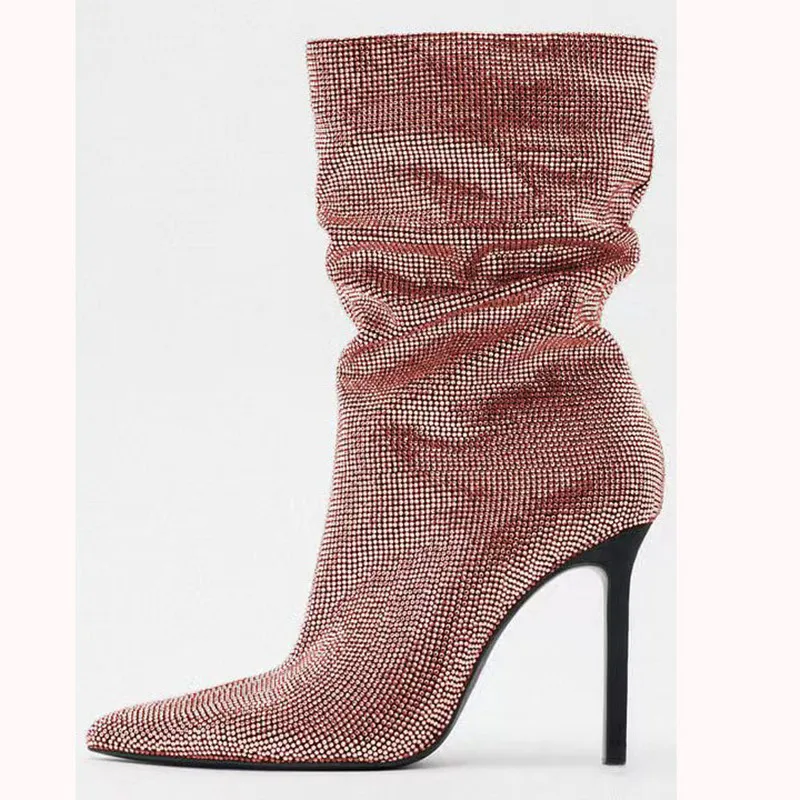New Style Pointed Thin High-heeled Women's Boots Pleated Rhinestone Show Large Size Medium Boots Fashion Sleeve Short Boots