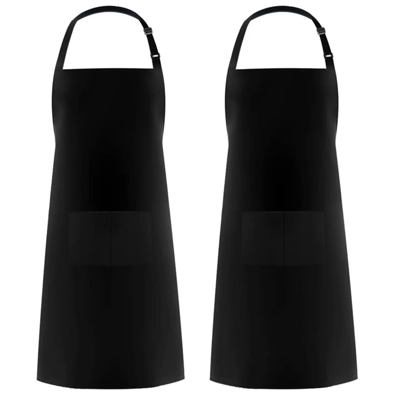 

HOT 2 Pack Polyester Adjustable Bib Apron With 2 Pockets Cooking Kitchen Aprons For Women Men Chef,Black