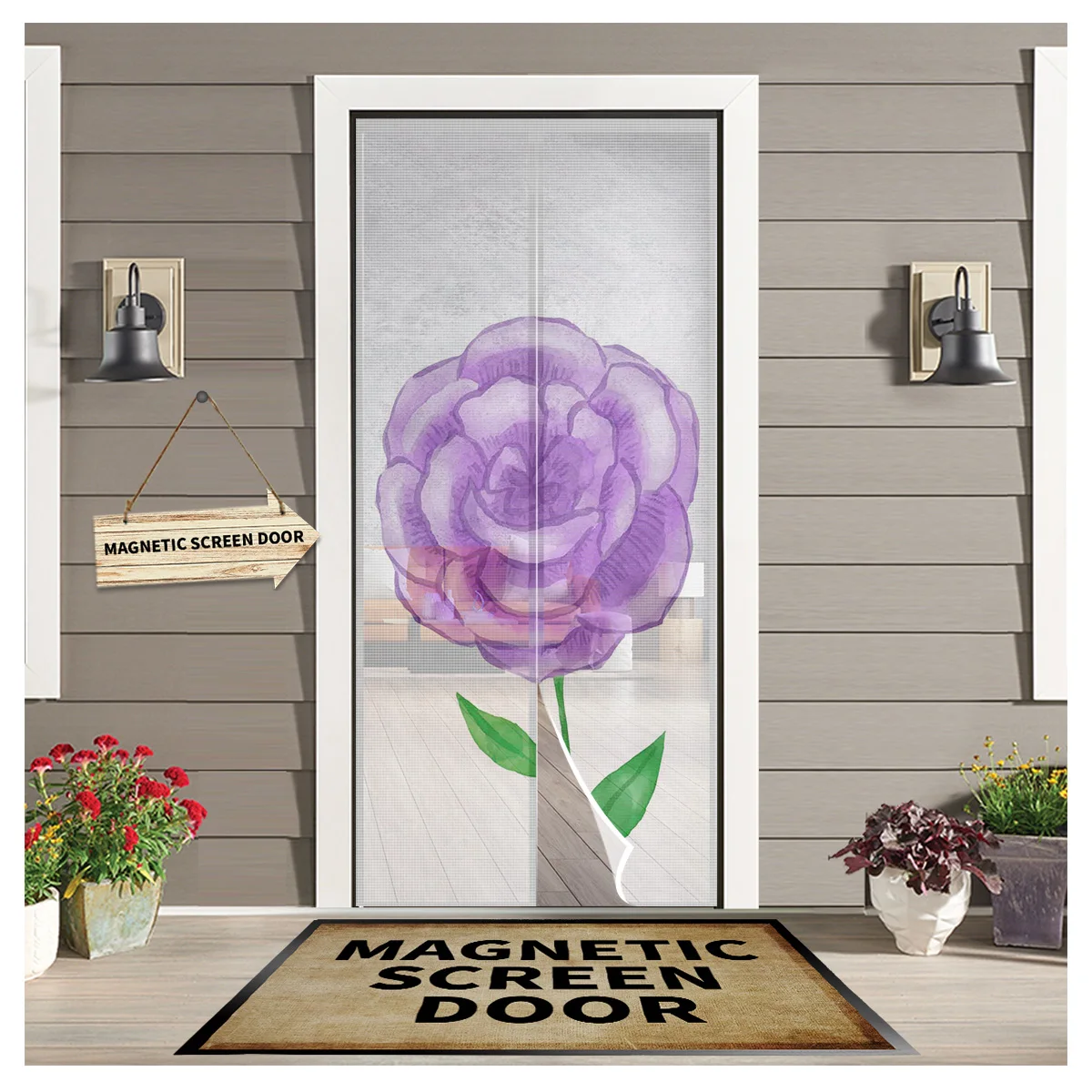 

Flower Plant Watercolor Purple Door Curtain Magnetic Mosquito Net Curtains Bedroom Insect Door Screen Gauze Door Window Screens