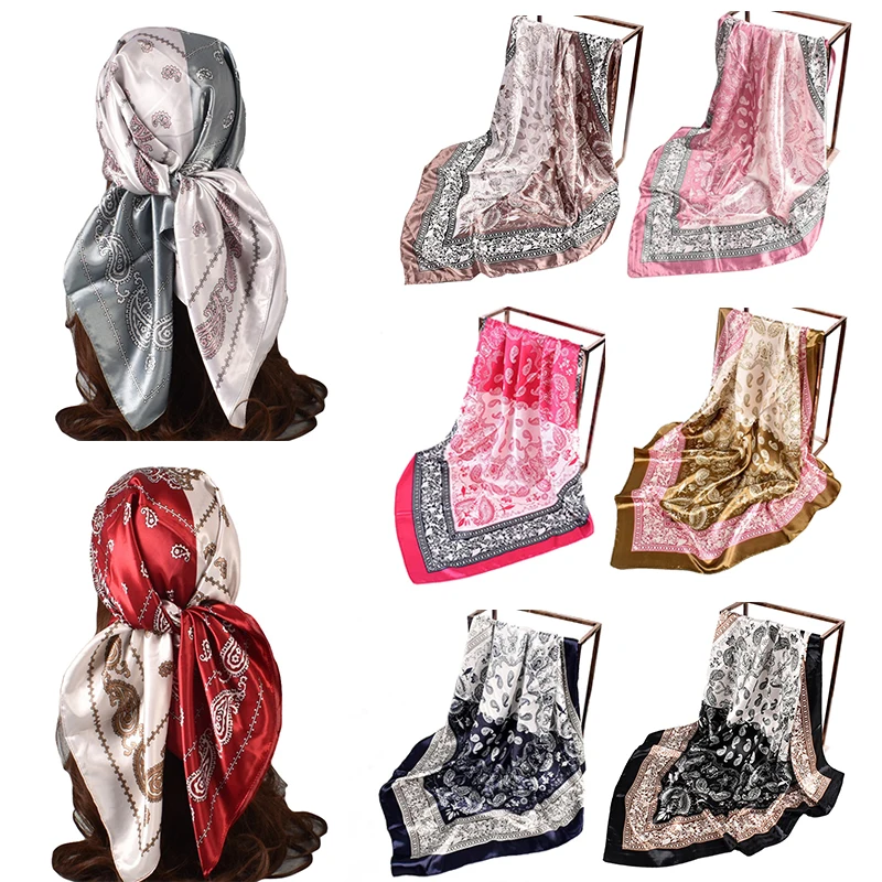 

90*90cm Square Scarf Boho Style Hair Scarf Satin Headscarf Two-color Cashews Neckerchief Hijab Office Hair Band Hand Kerchief