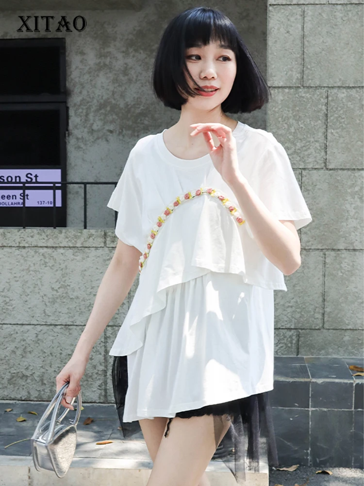 

XITAO Asymmetrical T-Shirt Women Korea 2022 Summer New Arrival Personality Fashion Loose O-neck Short Sleeve T-Shirt ZY6816