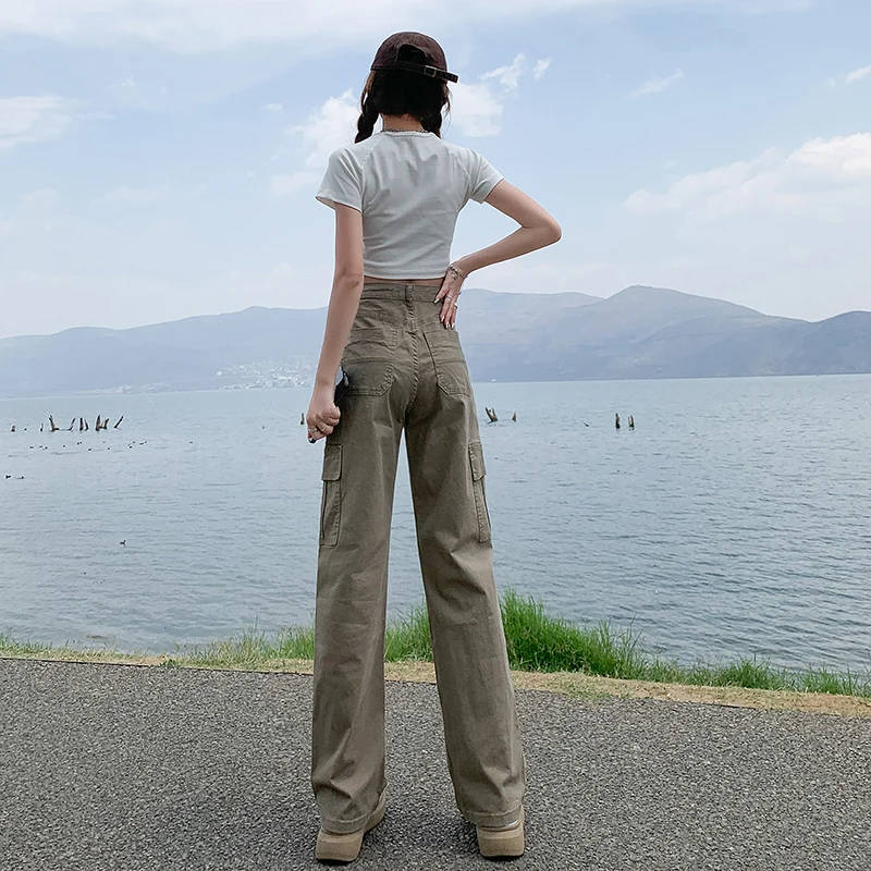 Workwear jeans women's summer trousers khaki new 2023 American style high waist loose casual straight wide leg mopping pants