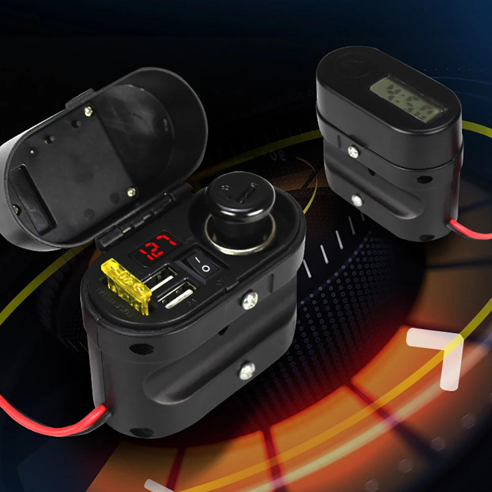 

3A Dual USB Waterproof Charger Socket Voltmeter Cigarette Lighter Timetable Display Power Bank Motorcycle Multi-function Kit