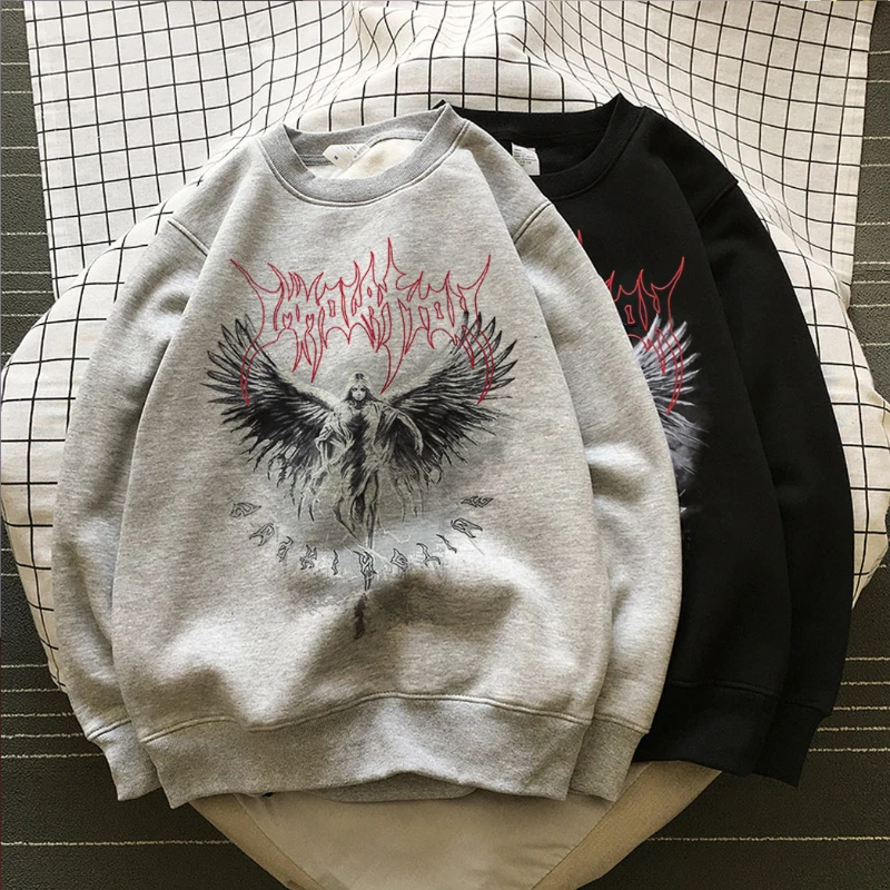 Y2K Hoodie Vintage Angel Print Ladies Hoodie Harajuku Winter Print Top Dark Aesthetic Fairy Death Rock Style Crew Neck