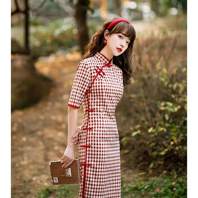 

2023 traditional chinese cheongsam dress national tea service hanfu vintage plaid improved dress elegant banquet party dress