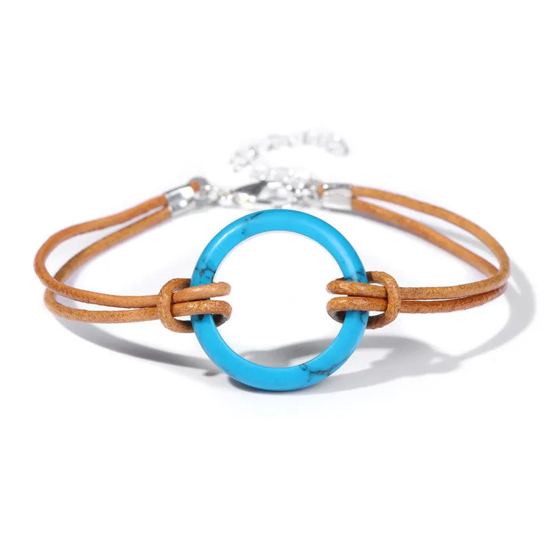

Brown Leather Rope Bracelet Turquoises Hematite Carvied Metal Big Round Charm Bracelets For Women Men Double-layer Wristbands