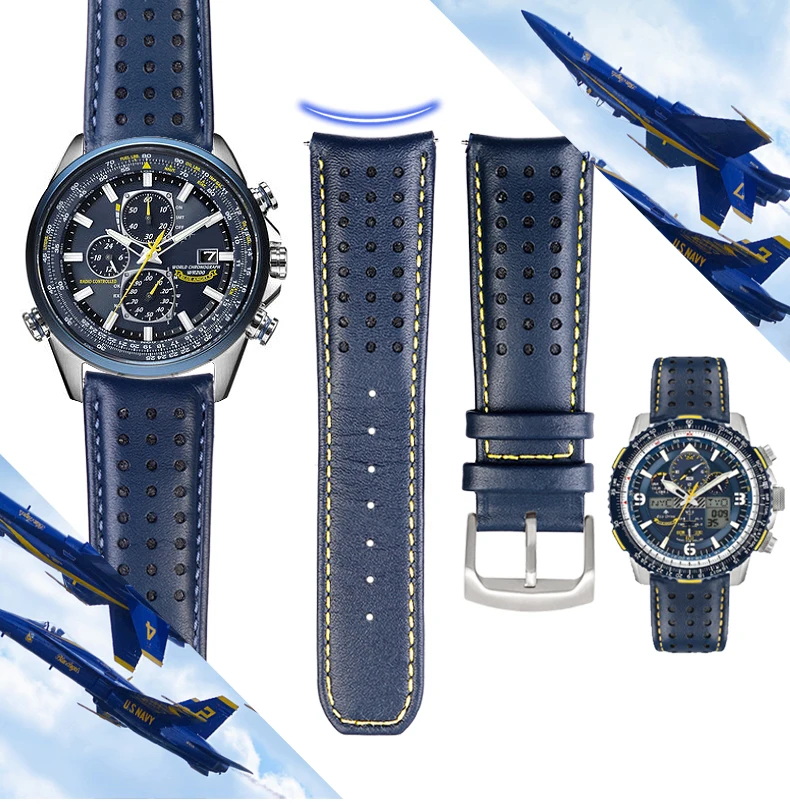 For CITIZEN Blue Angel Men Radio Wave Watch AT8020-54L/8020-03L/JY8078 curved end Genuine Leather Watchband Bracelet Strap 22 23