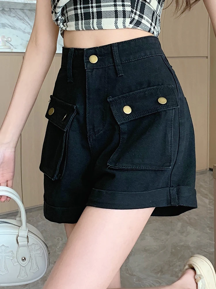 New Summer Women Fashion Big Pockets Wide Leg Denim Shorts Lady Casual Vintage High Waist Straight Jean Shorts