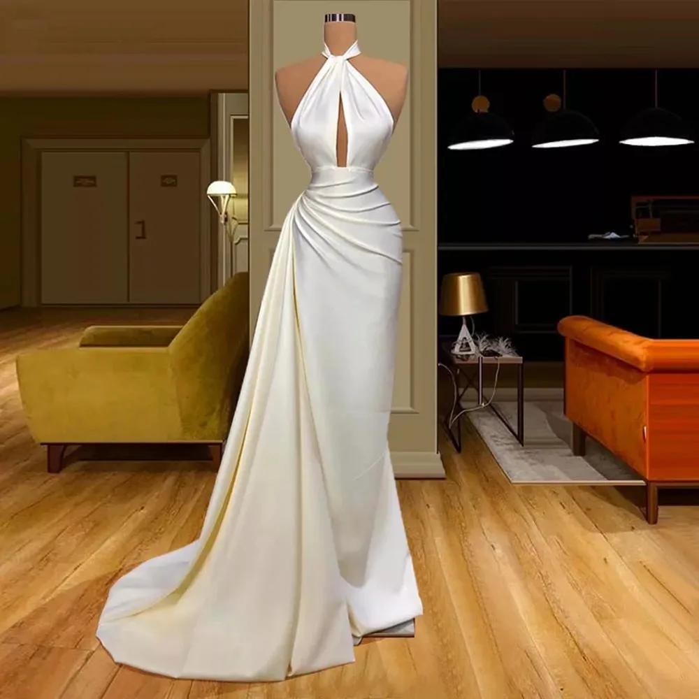 

Женское атласное платье-русалка, белое вечернее платье до пола с лямкой на шее, платье цвета слоновой кости для выпускного вечера, 2022