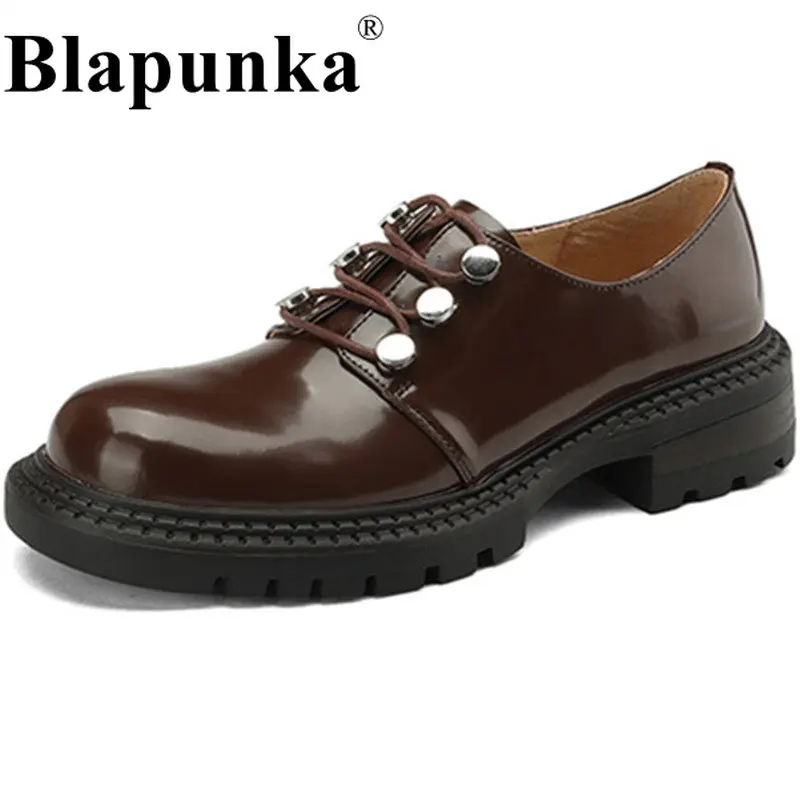 

Blapunka High Quality Genuine Leather Brogues Derby Shoes Women Chunky Platform Block Heels Lace-up Round Toe Oxfords Girl 34-42