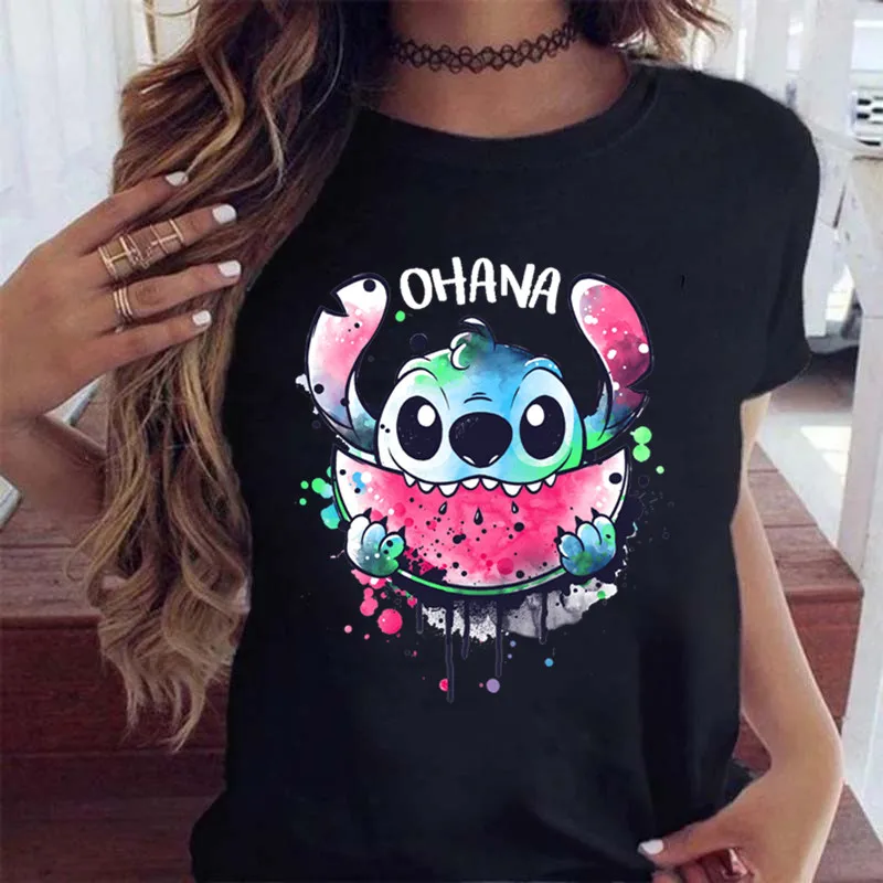 Kawaii Мультфильм Ститч футболка мультфильм женщины Охана Лило Графические