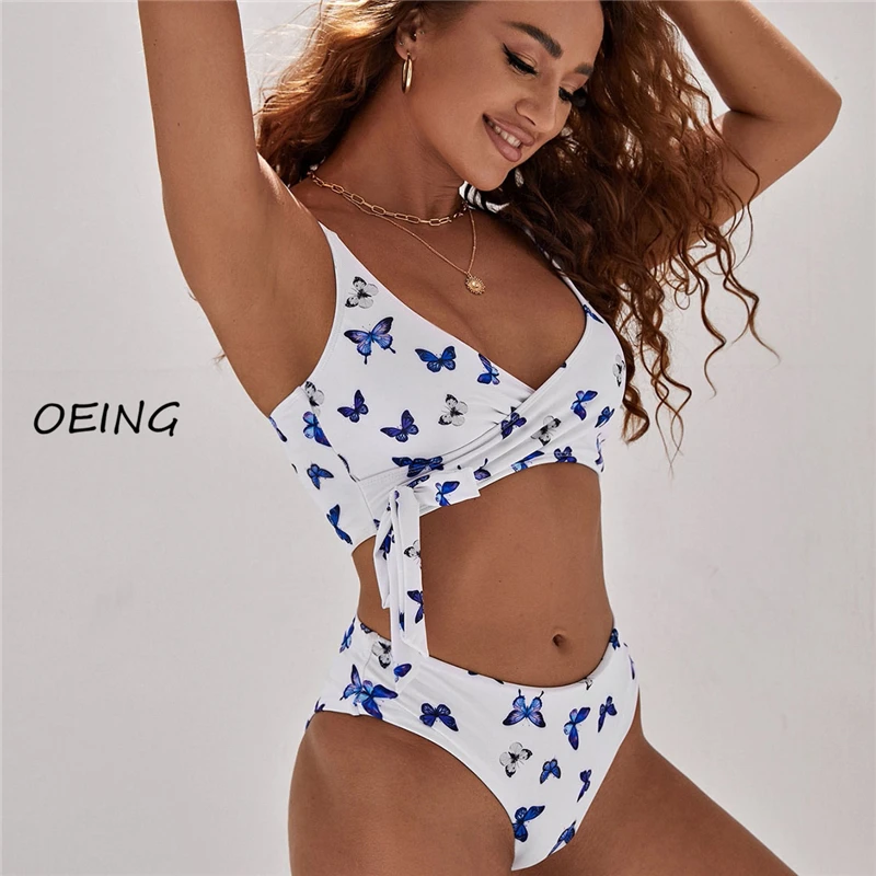 

2022 Fashion Sexy Thong Bikini Suits High Waist Print White Summer Bathing 2 Piece Sets for Women