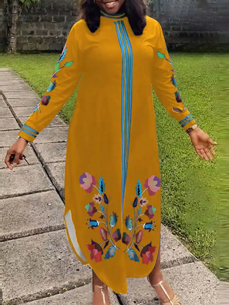 

2022 женские модные платья ZANZEA с длинным рукавом Макси Сарафан оверсайз Повседневная стильная водолазка вечерние принтом Вечернее Платье же...