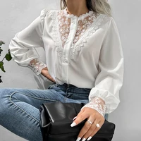 houzhou women sexy lace patchwork long sleeve white shirts blouse mesh design ladies top 2022 autumn vintage black fashion shirt