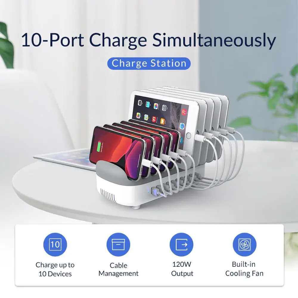 ORICO 7 10 Ports USB Charging Station Dock 120W 5V 2.4A USB Charger for iPhone Samsung Xiaomi Home Office Bar Tablet DUK-10P