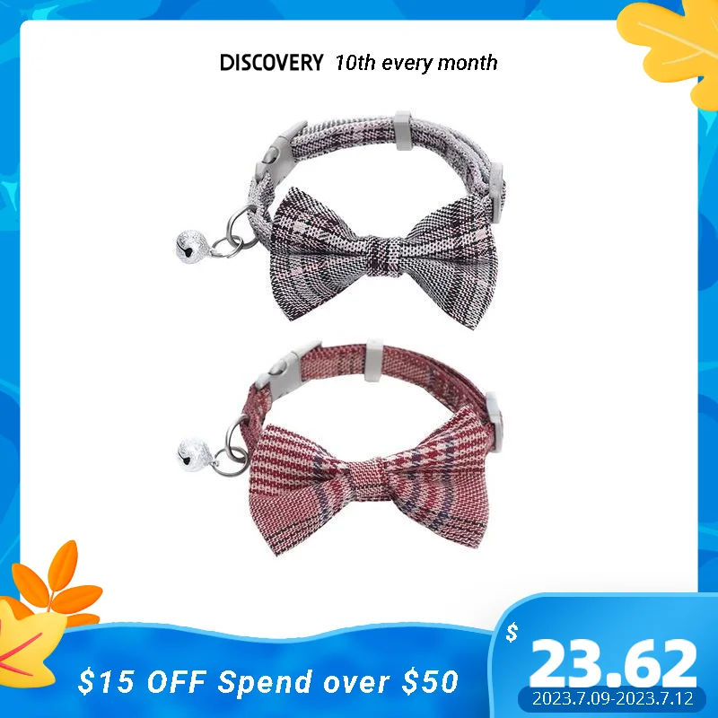 

2pcs/set Cute Pet Supplies British Bow Tie With Bell Cat Collar Neck Strap Adjustable Length Polyester Home Fashion