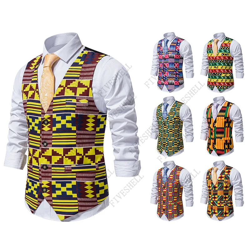 

2023 African Dashiki Suit Vest Men Slim Fit Sleeveless Vest Waistcoat Men Party Wedding Prom Tuxedo Vests Male Chalecos