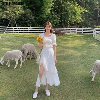 lace asymmetrical korean style black white skirt female summer mid length high waist side slit mermaid chiffon cupcake skirt