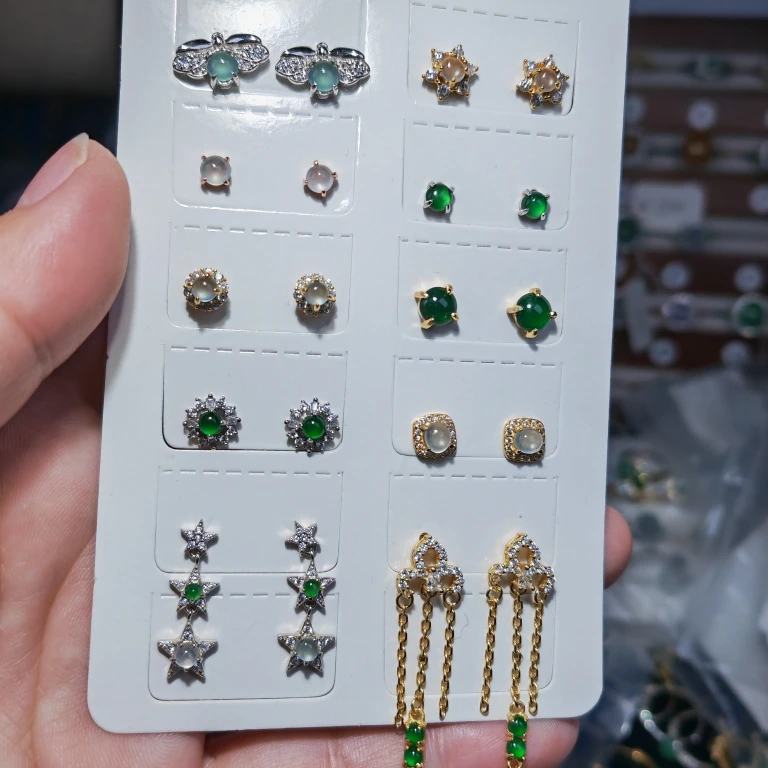 Natural a Goods Jade Ear Studs Earrings 925 Silver Inlaid with Certificate Re-Inspection and Protection Fideli Circle Pic...