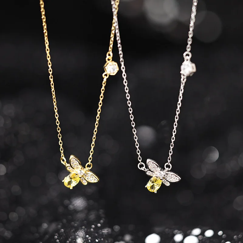 925 Sterling Silver Bee Necklace Ladies Simple Clavicle Chain Shiny Zircon Wedding Party Gift Jewelry Accessories |