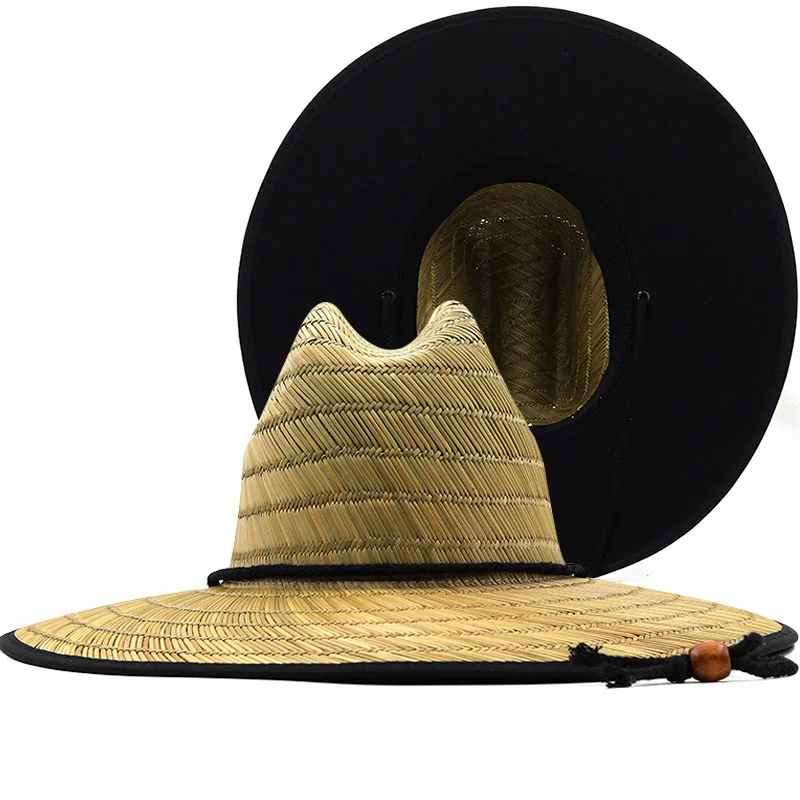 

Black lining Handwork Women Men Lifeguard Hat Straw Summer Beach Sun hat Outdoor Summer Wide Brim Panama Straw Girl Summer Hat
