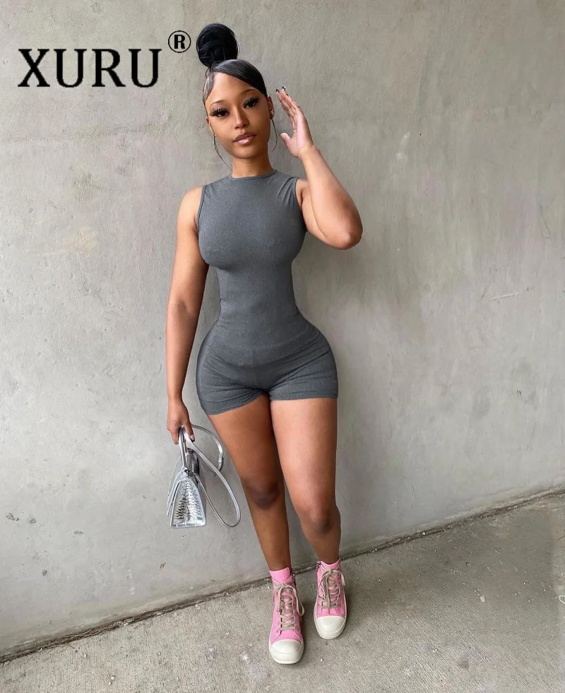 XURU-Summer Women's New Women's Bodysuit, Sexy Round Neck Sleeveless Slim Wrapped Hip Bodysuit Shorts 59A201097