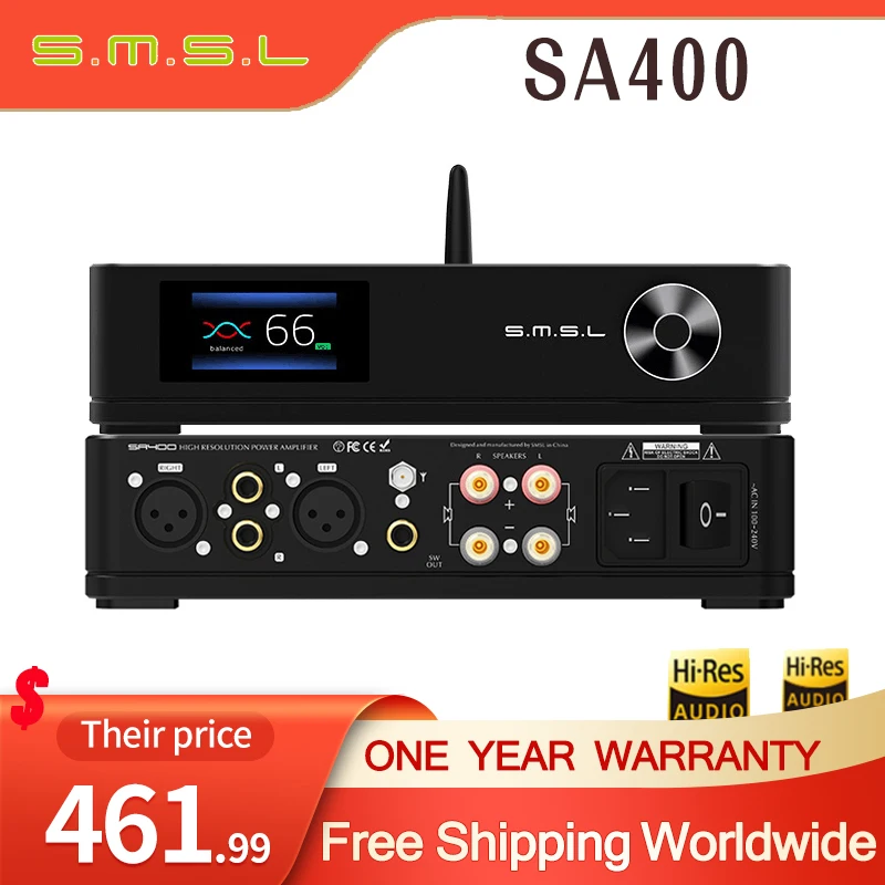 

SMSL SA400 high resolution POWER Amplifier NJW1195 BASS preamp output Bluetooth 5.0 two digital power amp with remote control