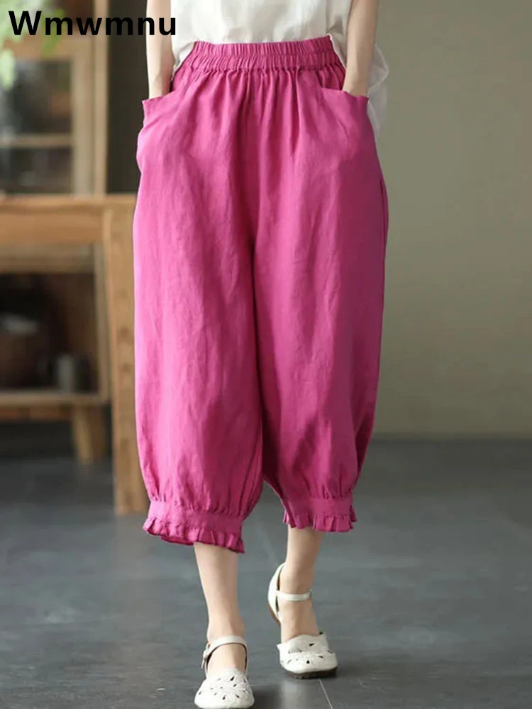 

High Waist Capris Pantalones Summer Women Cotton Linen Bloomers Baggy Pants Lace Jogger Harem Trousers Big Size 4xl Sweatpant