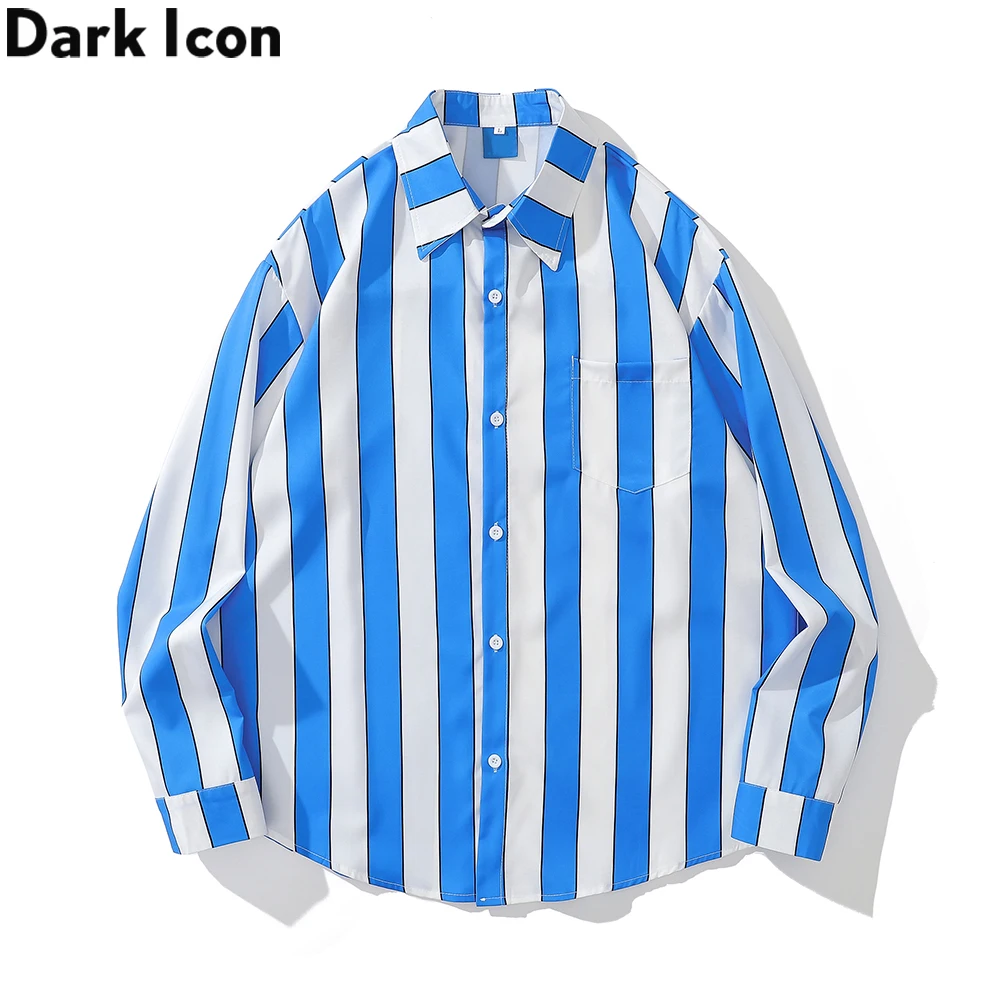 

Dark Icon Blue Wide Stripe Long Sleeved Shirt Men Turn-down Collar Men's Shirt Male Top