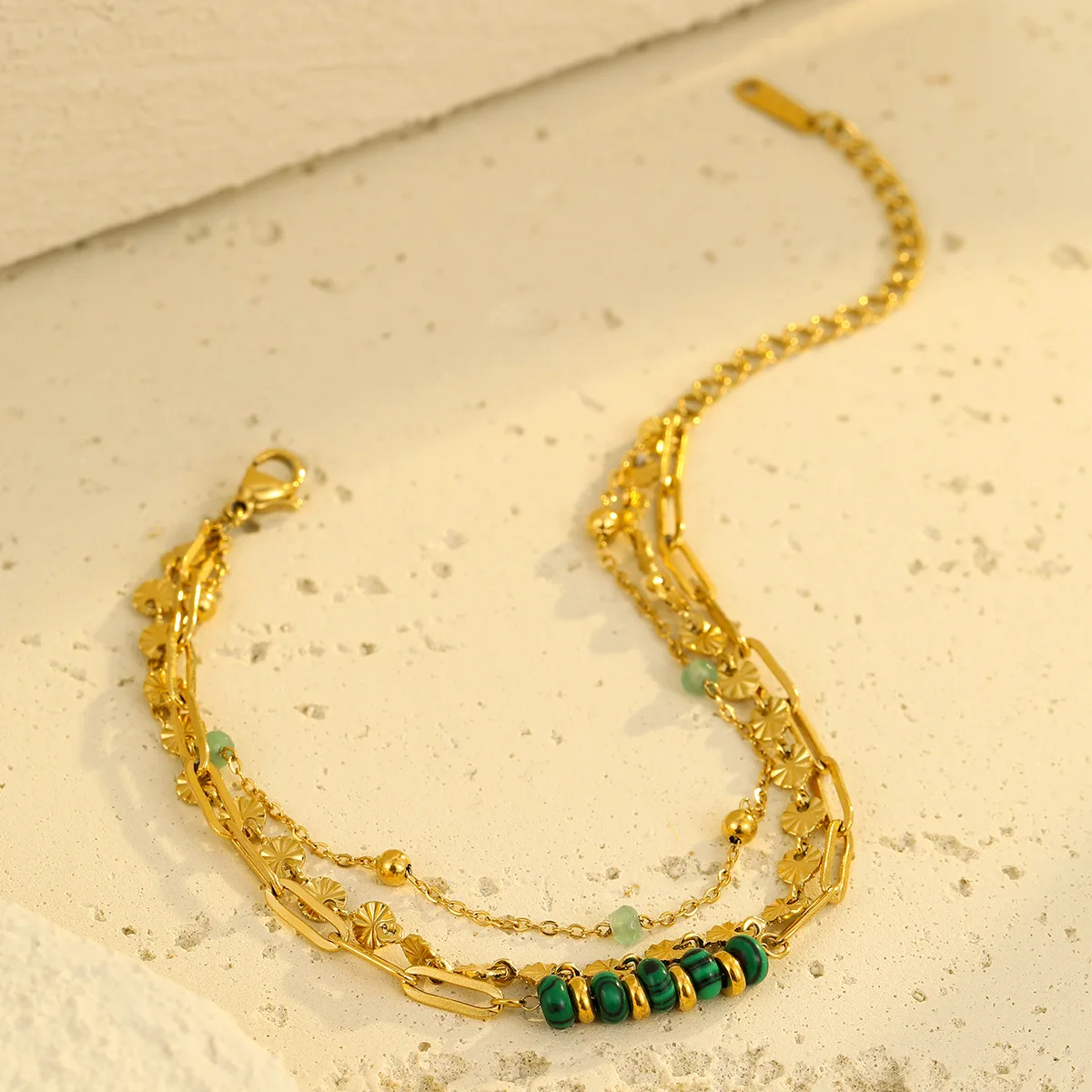 Многослойный винтажный браслет из нержавеющей стали для женщин малахитовый