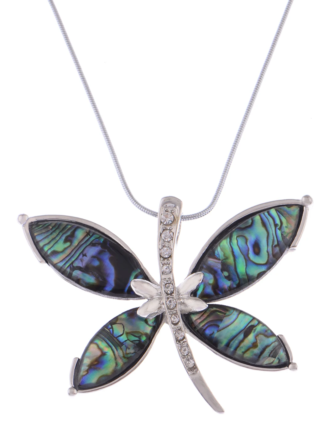 

Womens Silvery Tone Clear Rhinestones Abalone Colored Stones Dragonfly Pendant Necklace