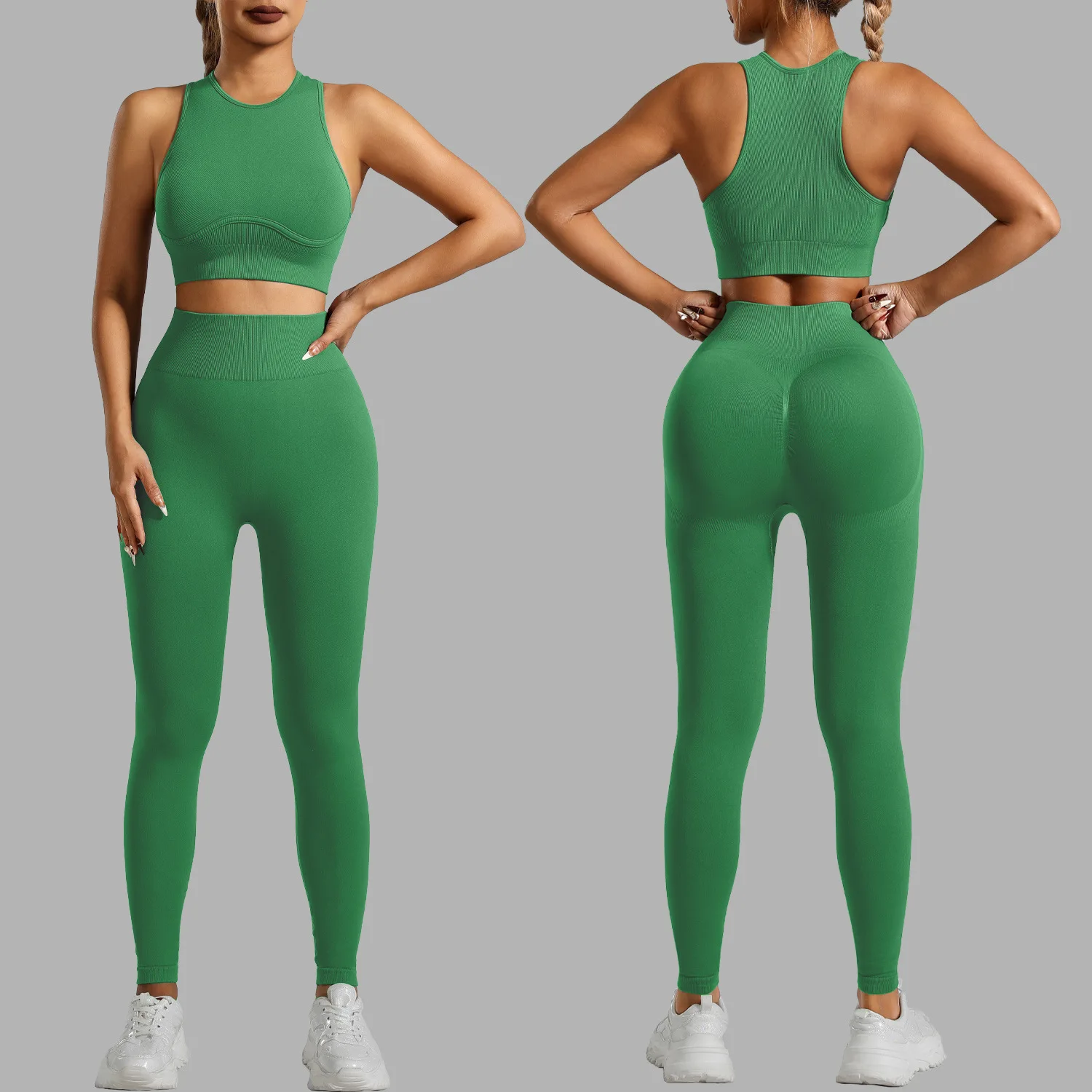 Фото Ribbed Workout Clothes for Women Yoga Set Fitness Gym Outifts 2 Pieces Vest Sport Suit Tracksuit Sport Leggings Set Active Wear №3