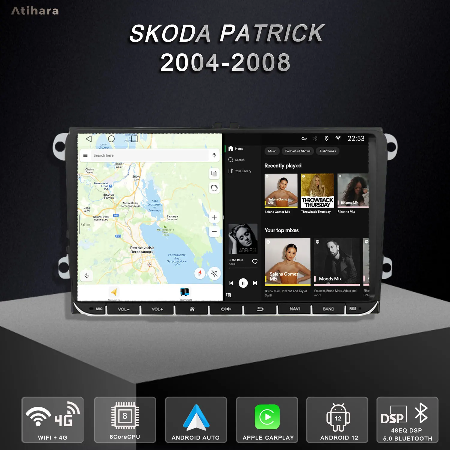 Atihara 9 &quotAndroid Carplay Auto для Skoda Patrick 2004-2008 WIFI + 4G HD мультимедийный видеоплеер AM/FM RDS DSP BT 5